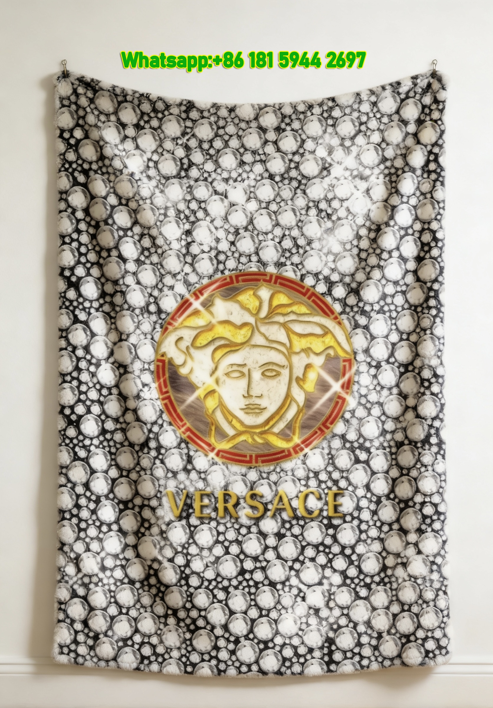 Versace Silver Rhinestone Gold Medusa Head Print Flannel Sofa Throw Blanket IMG_1449